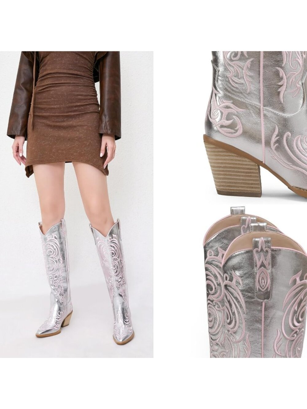 Women's Silver Rubber Cowgirl Knee High Pointed Toe Block Heel Embroiderd Boots - Picture 3 of 6